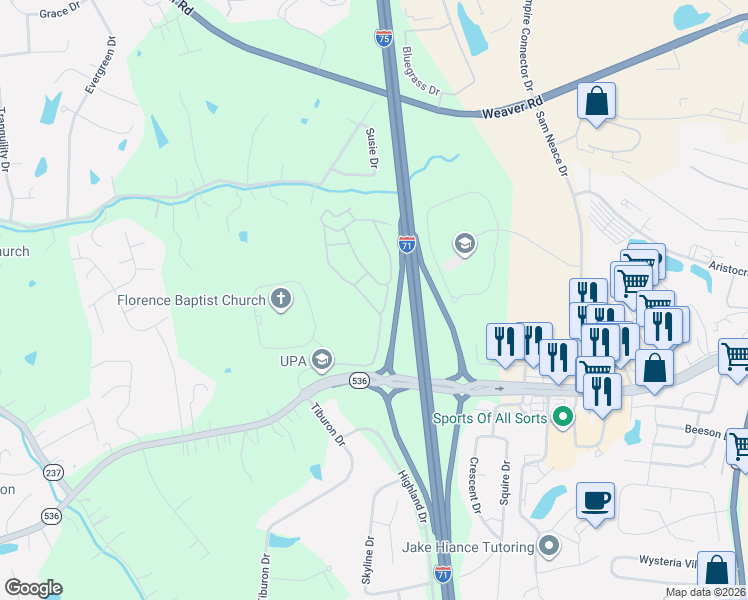 map of restaurants, bars, coffee shops, grocery stores, and more near 550 Mt Zion Rd in Independence