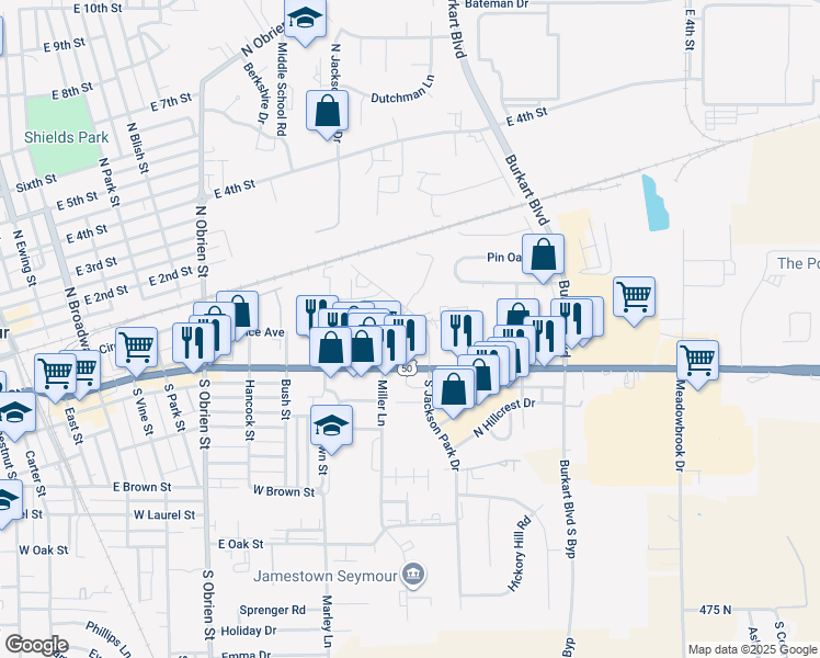 map of restaurants, bars, coffee shops, grocery stores, and more near 392 South Jackson Park Drive in Seymour