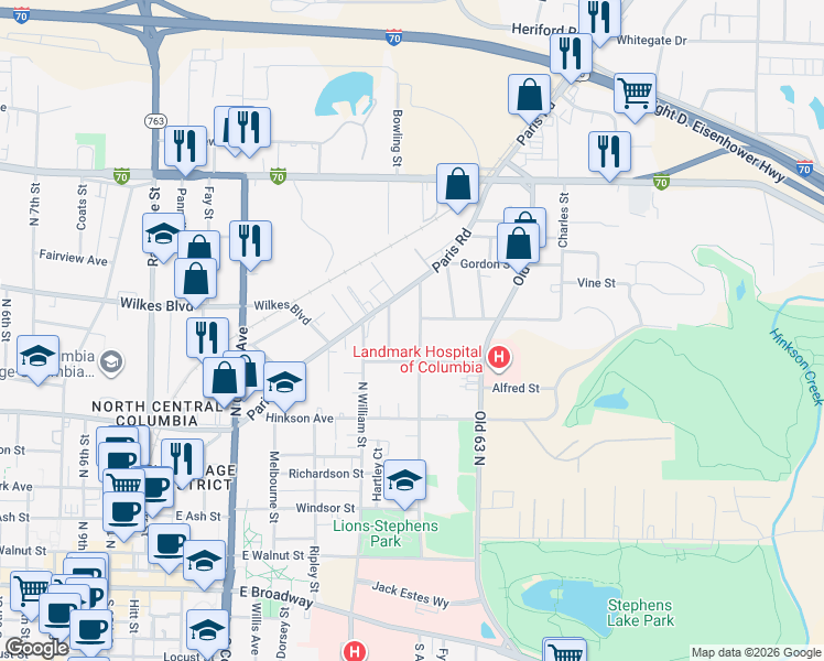 map of restaurants, bars, coffee shops, grocery stores, and more near 713 North Ann Street in Columbia