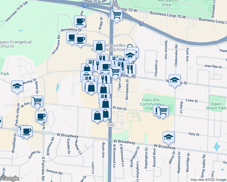 map of restaurants, bars, coffee shops, grocery stores, and more near 217-387 N Stadium Blvd in Columbia