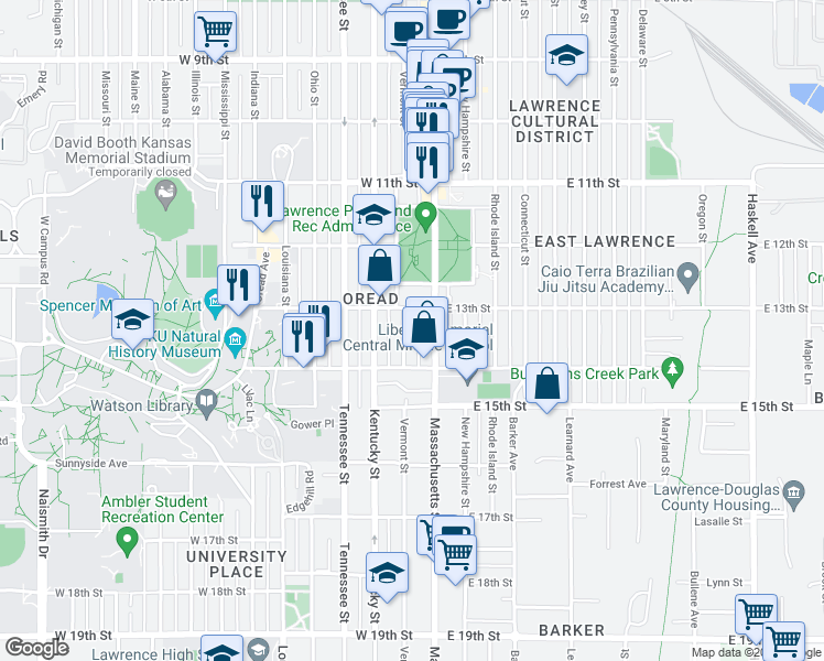 map of restaurants, bars, coffee shops, grocery stores, and more near 1312 Vermont Street in Lawrence