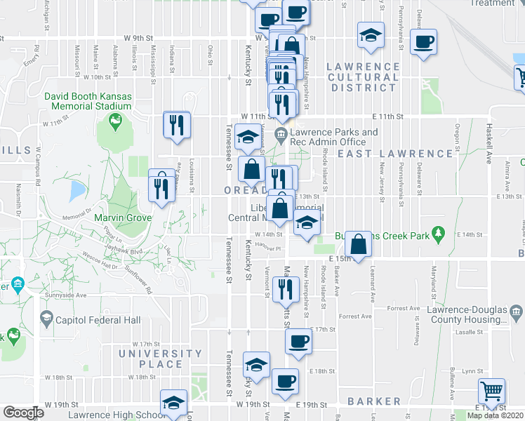 map of restaurants, bars, coffee shops, grocery stores, and more near 1310 Kentucky Street in Lawrence
