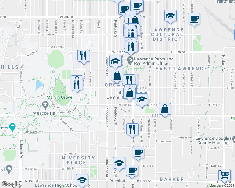 map of restaurants, bars, coffee shops, grocery stores, and more near 1310 Kentucky Street in Lawrence