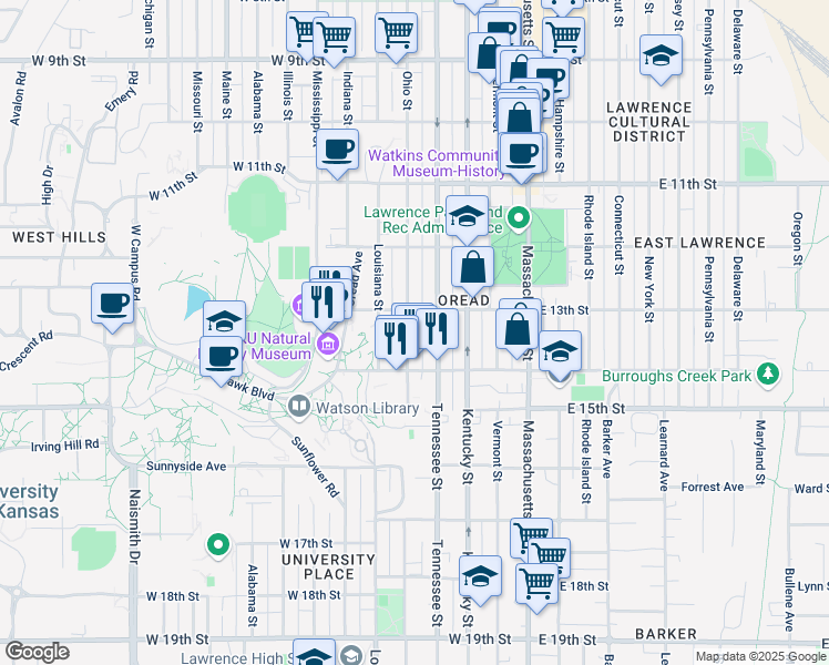 map of restaurants, bars, coffee shops, grocery stores, and more near 1301 Ohio Street in Lawrence