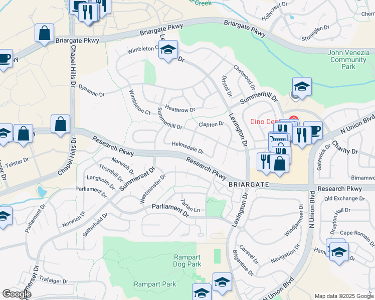 map of restaurants, bars, coffee shops, grocery stores, and more near 2785 Helmsdale Drive in Colorado Springs