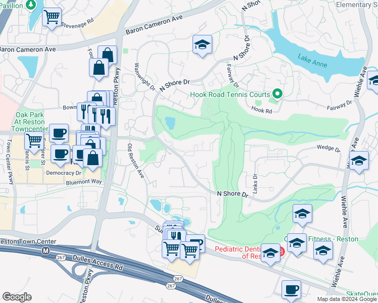 map of restaurants, bars, coffee shops, grocery stores, and more near Charter Oak Court in Reston