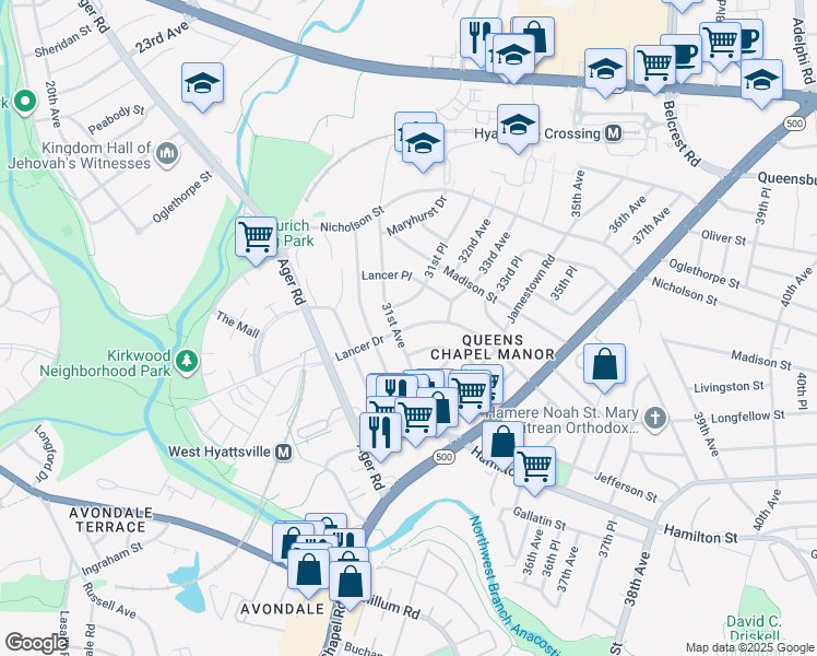 map of restaurants, bars, coffee shops, grocery stores, and more near Lancer Drive in Hyattsville