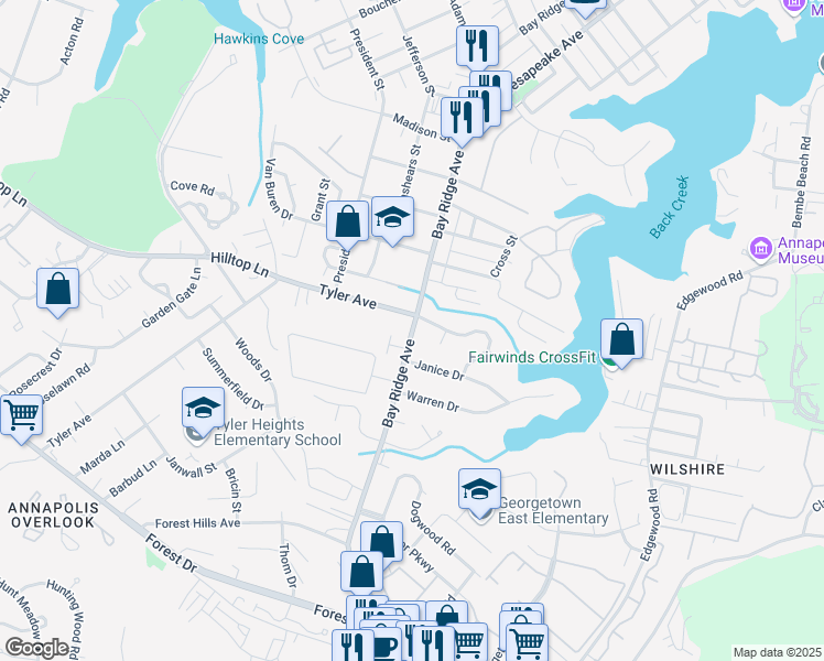 map of restaurants, bars, coffee shops, grocery stores, and more near 1454 Bay Ridge Avenue in Annapolis