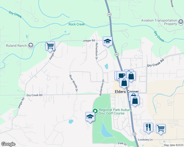 map of restaurants, bars, coffee shops, grocery stores, and more near 11543 Sherwood Way in Auburn