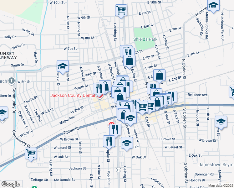 map of restaurants, bars, coffee shops, grocery stores, and more near in Seymour
