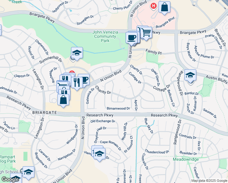 map of restaurants, bars, coffee shops, grocery stores, and more near 3280 Brunswick Drive in Colorado Springs