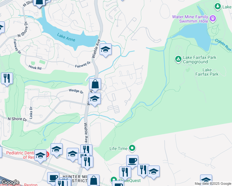 map of restaurants, bars, coffee shops, grocery stores, and more near 1629 Parkcrest Circle in Reston