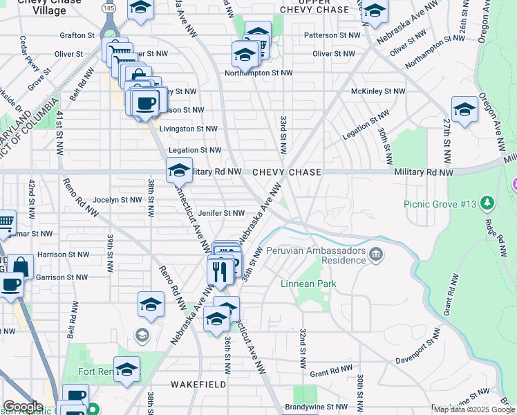 map of restaurants, bars, coffee shops, grocery stores, and more near 5304 Nebraska Avenue Northwest in Washington