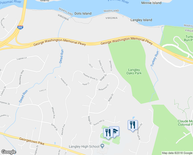 map of restaurants, bars, coffee shops, grocery stores, and more near 6502 Heather Brook Court in McLean