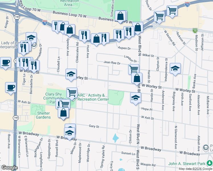 map of restaurants, bars, coffee shops, grocery stores, and more near 409 Auburn Lane in Columbia