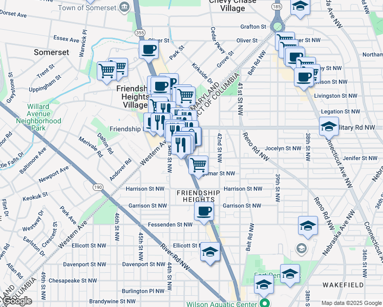 map of restaurants, bars, coffee shops, grocery stores, and more near 5301 Wisconsin Avenue Northwest in Washington