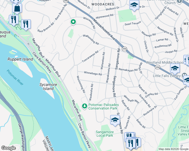 map of restaurants, bars, coffee shops, grocery stores, and more near 6112 Winnebago Road in Bethesda