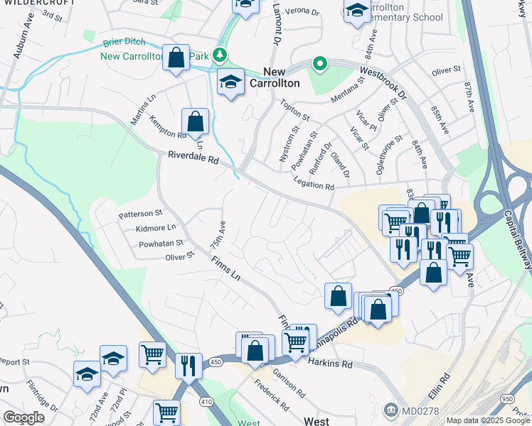 map of restaurants, bars, coffee shops, grocery stores, and more near 7607 Riverdale Road in New Carrollton
