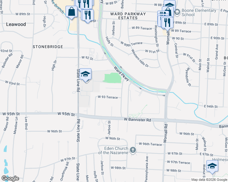 map of restaurants, bars, coffee shops, grocery stores, and more near 1005 West 93 Street in Kansas City