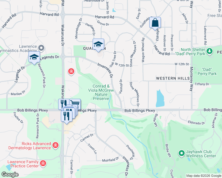 map of restaurants, bars, coffee shops, grocery stores, and more near 1312 Inverness Dr in Lawrence
