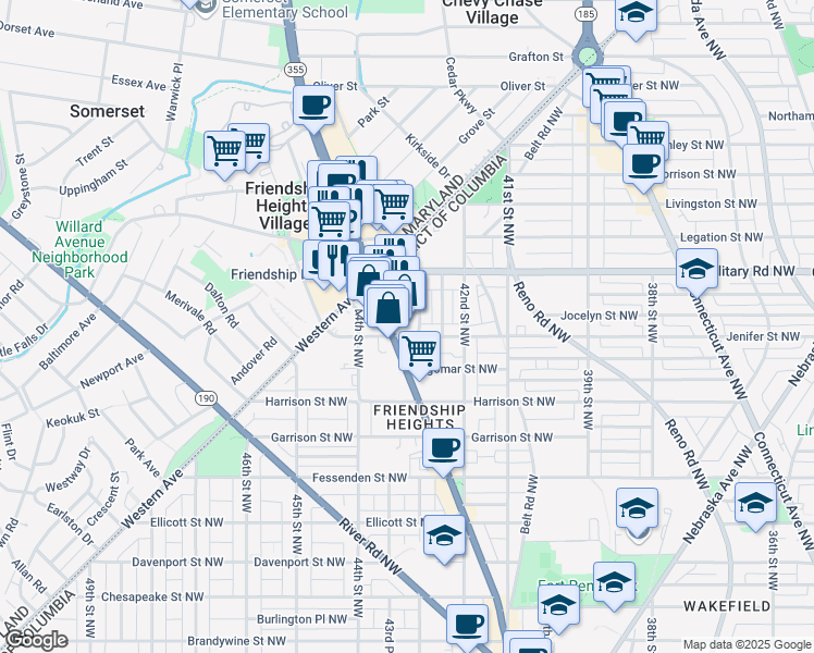 map of restaurants, bars, coffee shops, grocery stores, and more near 5301 Wisconsin Avenue Northwest in Washington