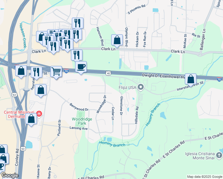map of restaurants, bars, coffee shops, grocery stores, and more near 3809 Evergreen Lane in Columbia