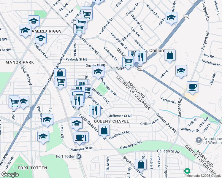 map of restaurants, bars, coffee shops, grocery stores, and more near 604 Nicholson Street Northeast in Washington