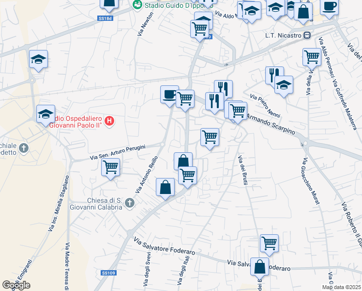 map of restaurants, bars, coffee shops, grocery stores, and more near 37B Via dei Bizantini in Lamezia Terme