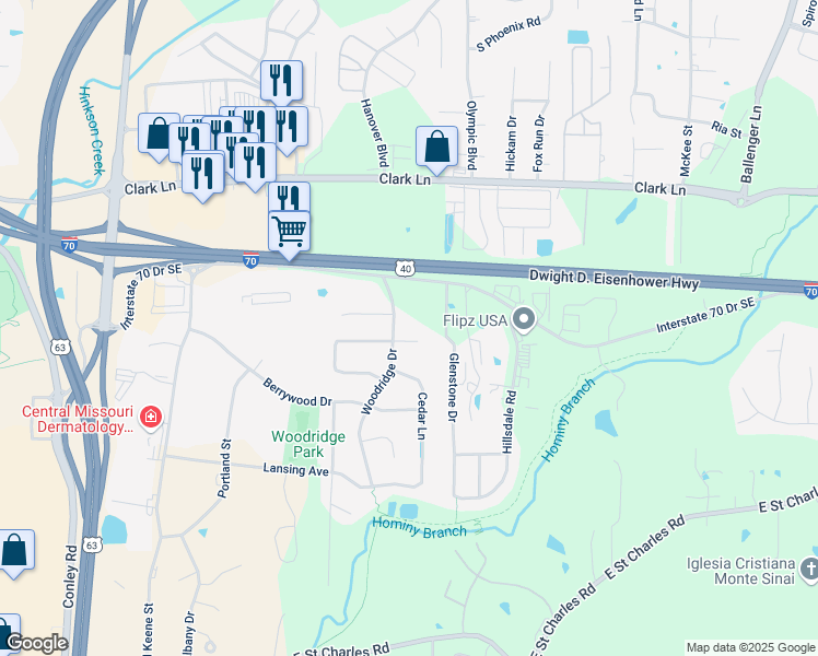 map of restaurants, bars, coffee shops, grocery stores, and more near 3809 Evergreen Lane in Columbia