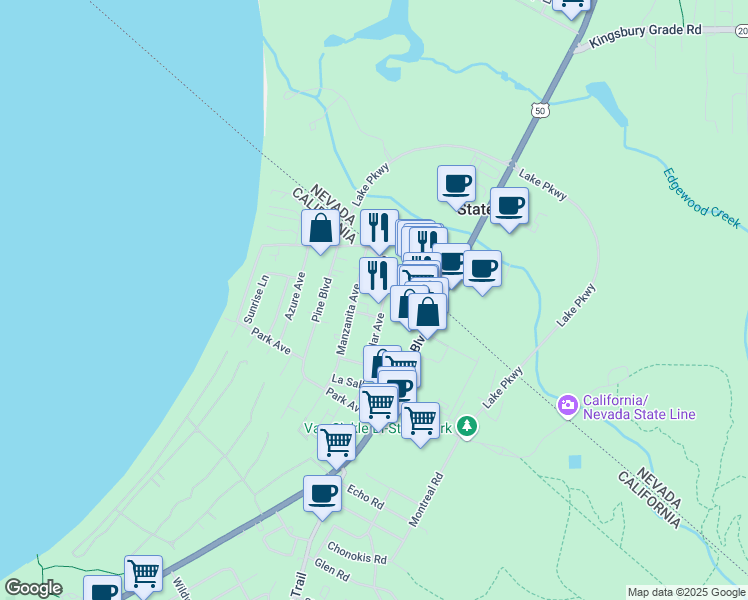 map of restaurants, bars, coffee shops, grocery stores, and more near 4133 Cedar Avenue in South Lake Tahoe
