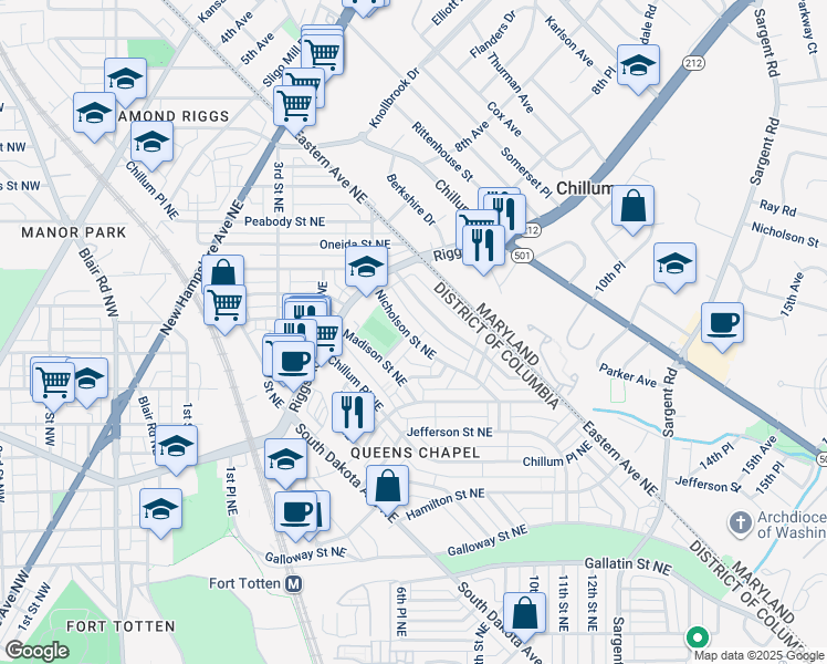 map of restaurants, bars, coffee shops, grocery stores, and more near 604 Nicholson Street Northeast in Washington