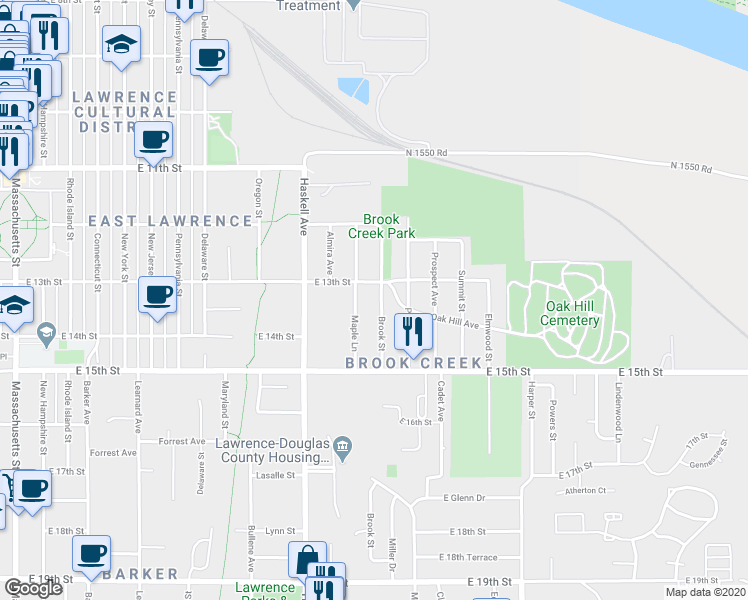 map of restaurants, bars, coffee shops, grocery stores, and more near 1307 Brook St in Lawrence