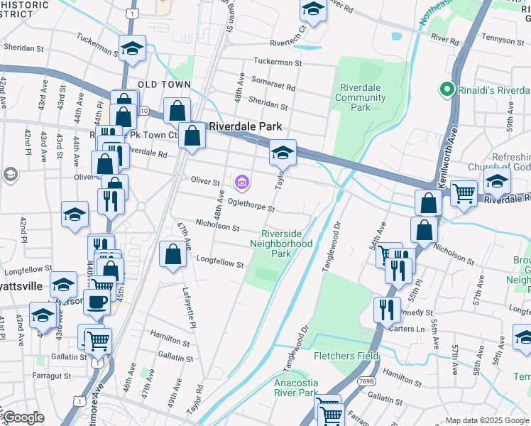map of restaurants, bars, coffee shops, grocery stores, and more near 5910 Taylor Road in Riverdale Park