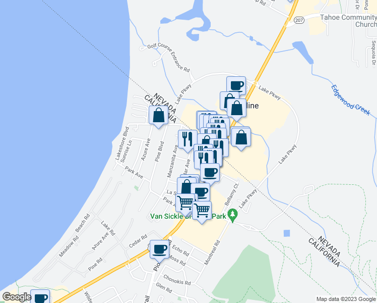 map of restaurants, bars, coffee shops, grocery stores, and more near 4133 Cedar Avenue in South Lake Tahoe