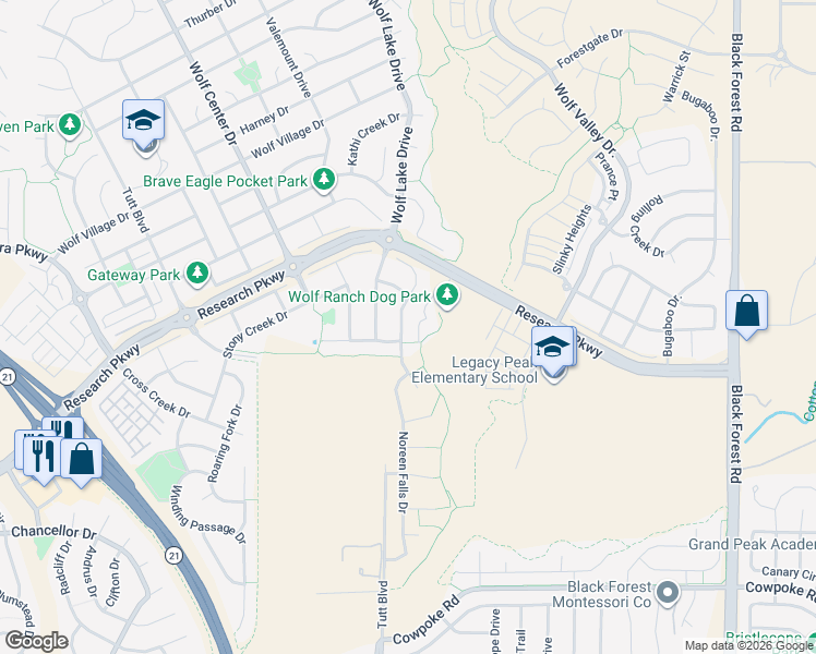 map of restaurants, bars, coffee shops, grocery stores, and more near 8745 Country Creek Trail in Colorado Springs