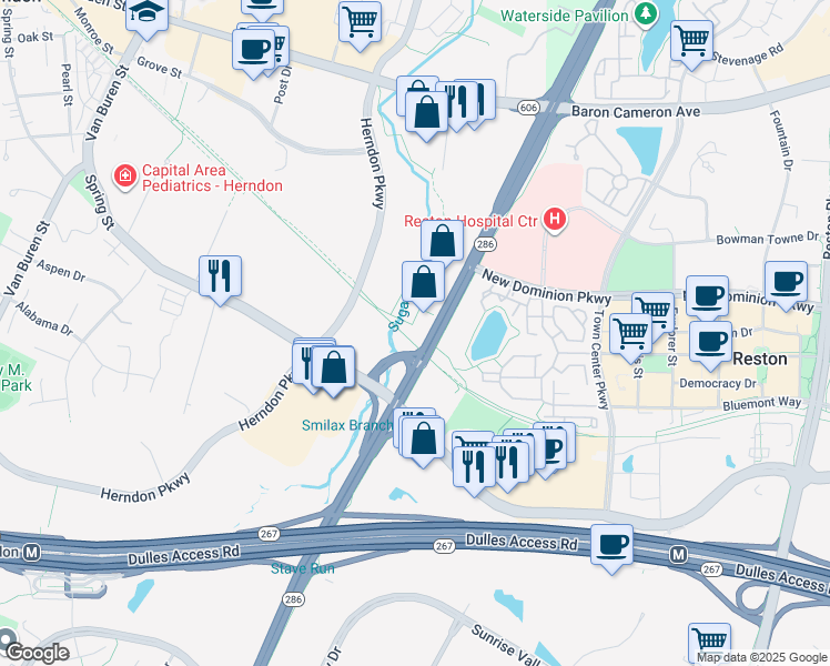 map of restaurants, bars, coffee shops, grocery stores, and more near 423 Carlisle Drive in Herndon