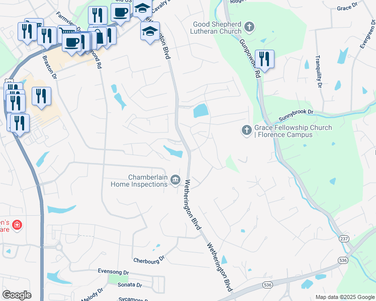 map of restaurants, bars, coffee shops, grocery stores, and more near Wetherington Boulevard in Florence