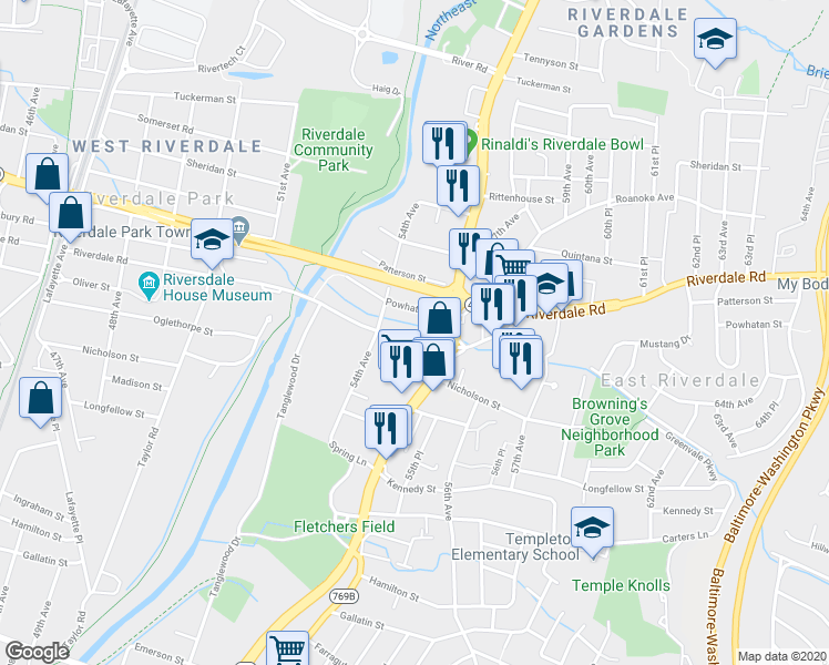 map of restaurants, bars, coffee shops, grocery stores, and more near 5412 Riverdale Road in Riverdale Park