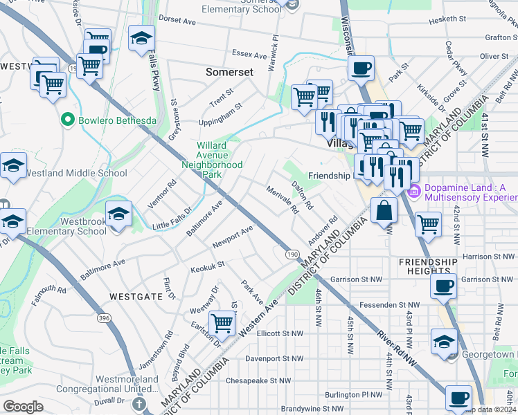 map of restaurants, bars, coffee shops, grocery stores, and more near 5009 Westport Road in Chevy Chase