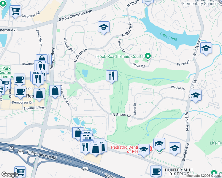 map of restaurants, bars, coffee shops, grocery stores, and more near 11637 Charter Oak Court in Reston