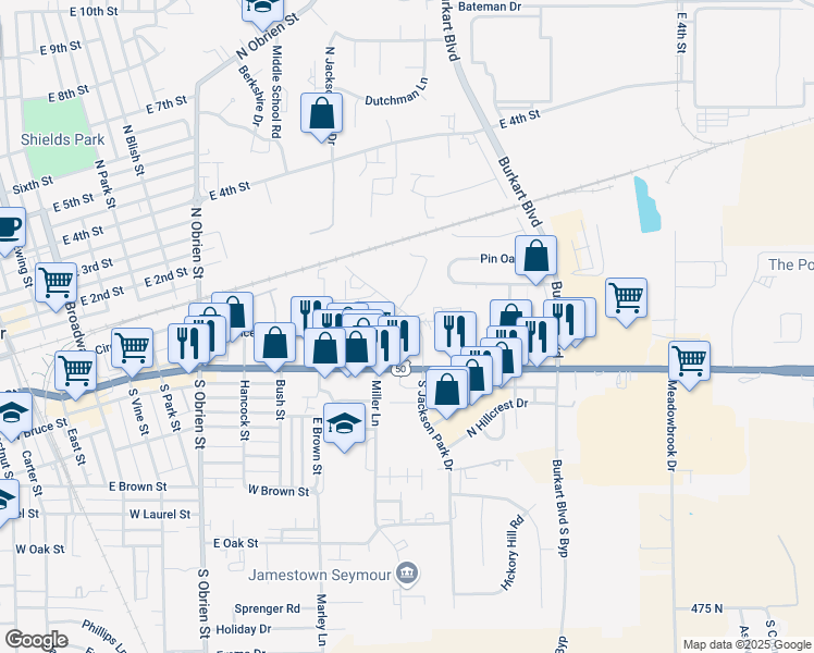 map of restaurants, bars, coffee shops, grocery stores, and more near 392 South Jackson Park Drive in Seymour