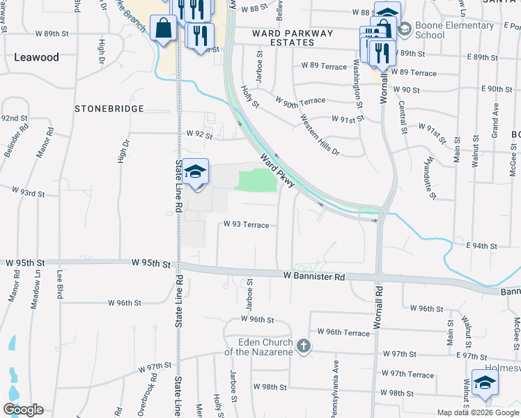 map of restaurants, bars, coffee shops, grocery stores, and more near 1005 West 93 Street in Kansas City