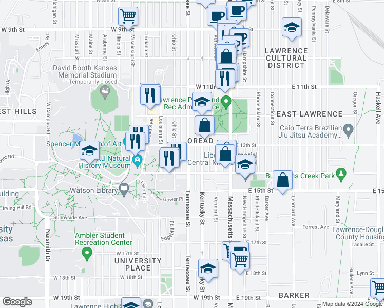 map of restaurants, bars, coffee shops, grocery stores, and more near 1311 Tennessee Street in Lawrence