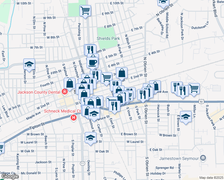 map of restaurants, bars, coffee shops, grocery stores, and more near 105 North Broadway Street in Seymour