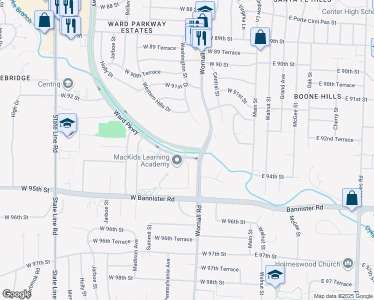 map of restaurants, bars, coffee shops, grocery stores, and more near 8237 Ward Parkway Median Crossing in Kansas City