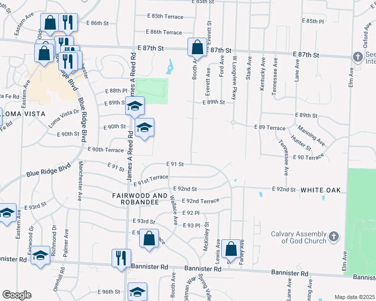 map of restaurants, bars, coffee shops, grocery stores, and more near 9024 Booth Avenue in Kansas City