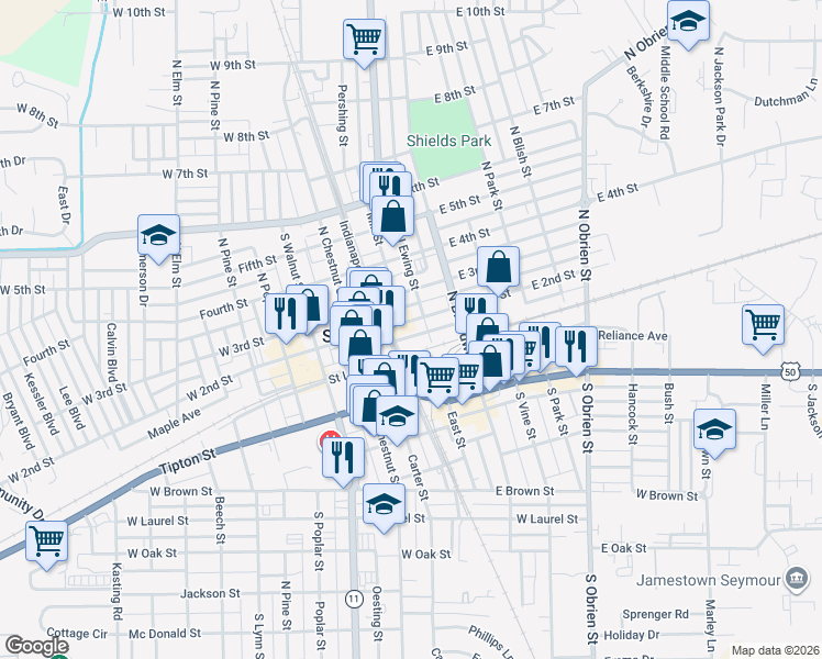 map of restaurants, bars, coffee shops, grocery stores, and more near 118 East 2nd Street in Seymour