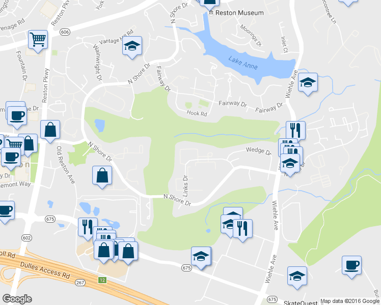 map of restaurants, bars, coffee shops, grocery stores, and more near 11414 Links Drive in Reston