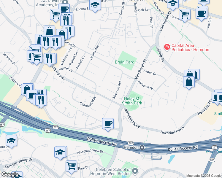map of restaurants, bars, coffee shops, grocery stores, and more near 656 Mississippi Drive in Herndon
