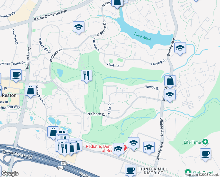 map of restaurants, bars, coffee shops, grocery stores, and more near 11408 Links Drive in Reston